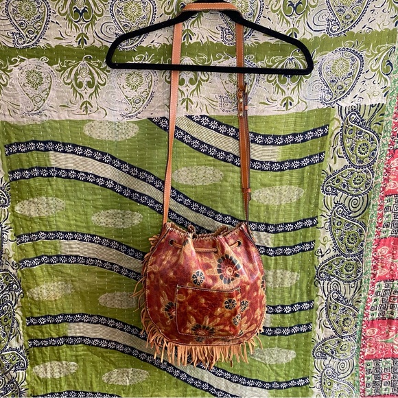 NWOT Patricia Nash Brown Floral Fringe 70s Revival Boho Leather Bucket Purse - Picture 10 of 15
